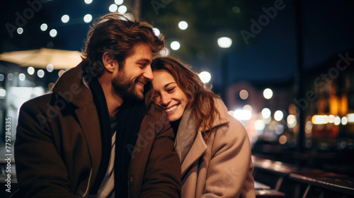 Beautiful happy couple dating in evening street