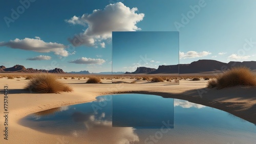 Desert Illusion 3D Render of Abstract Landscape with Reflective Mirrors and Blue Sky