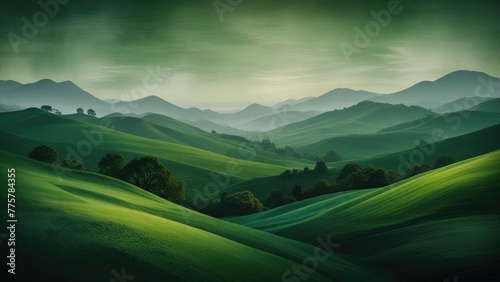 Verdant Harmony Abstract Green Waves Contrasting with Landscape Painting