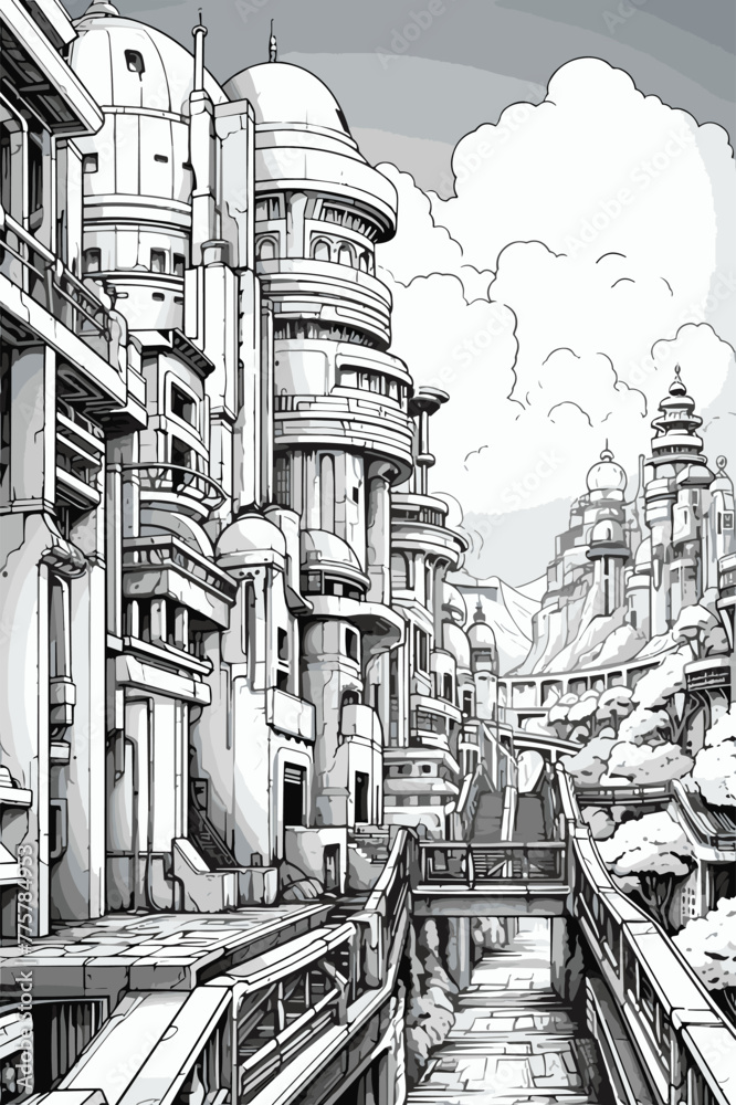 A bustling futuristic city  coloring page