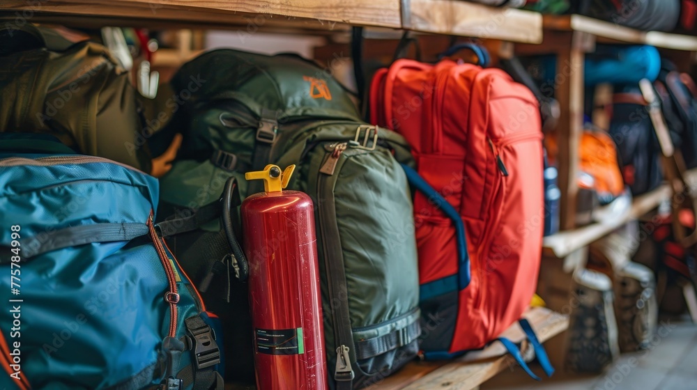 Close-up on travel suitcases and backpacks being packed with essentials, including a fire extinguisher, showcasing thorough trip readiness - obrazy, fototapety, plakaty 