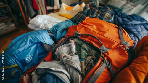 Close-up of a travel backpack being meticulously packed for a racing trip, with clothes and essentials for the journey ahead