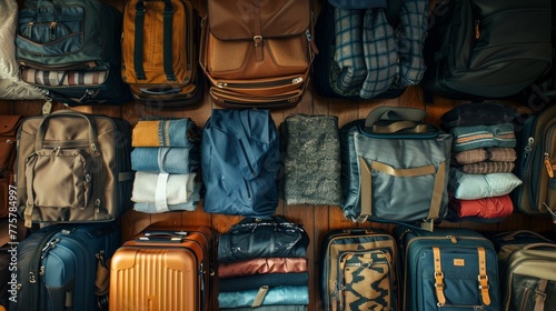 Close-up on the preparation of travel backpacks and suitcases, focusing on the careful selection of attire for attending a wedding photo