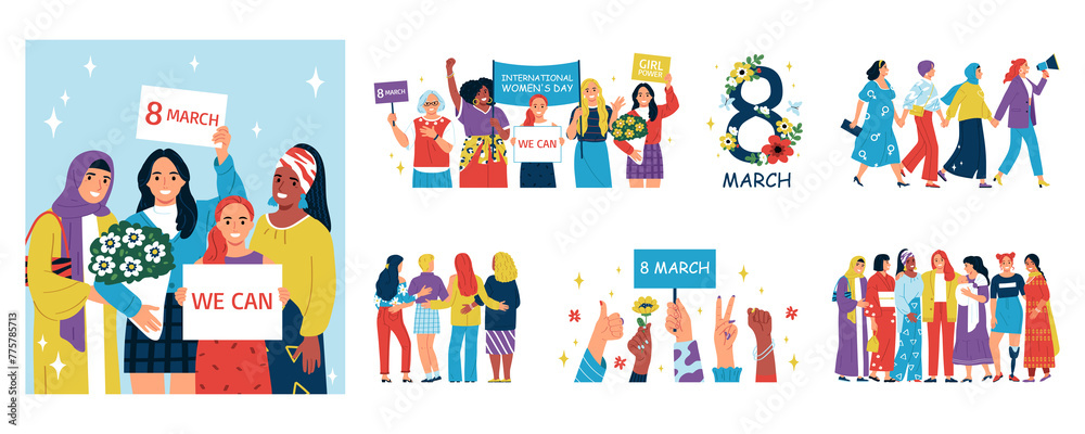 hand drawn flat women day icons illustration set with female characters protesting together