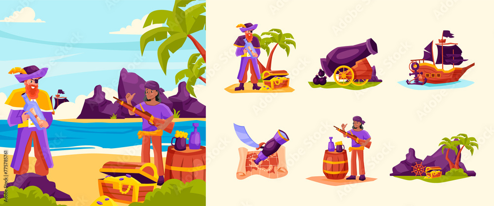 Pirate adventure illustrations in flat design