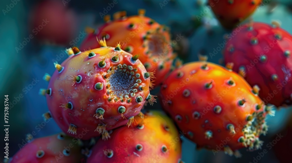 A close-up view of a prickly pear cactus fruit focusing on its vivid color and unique texture