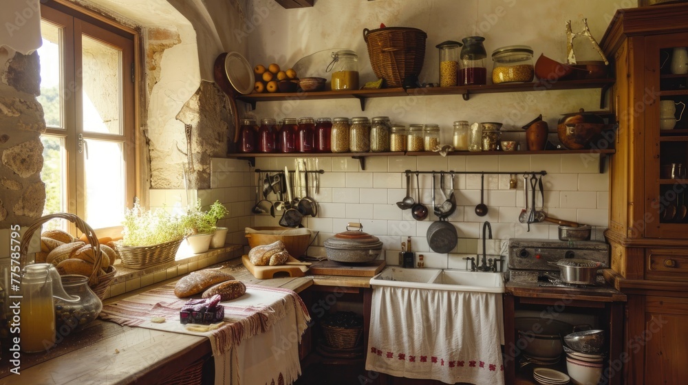 A cozy farmhouse kitchen with homemade preserves and fresh bread on the counter A cozy farmhouse kitchen with homemade preserves and fresh bread on the counter