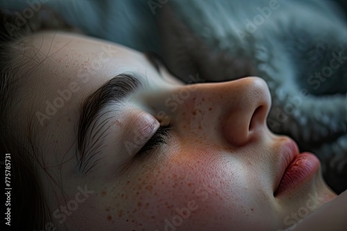 A close-up of a persons face in deep sleep with a soft focus on the peaceful expression and the comfort of the pillow