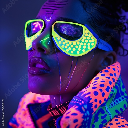 A futuristic portrait of a woman in neon lights, blending cutting-edge fashion with vibrant cyberpunk aesthetics