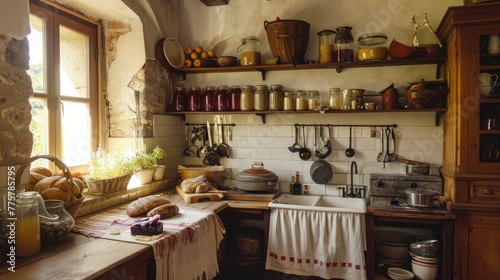 A cozy farmhouse kitchen with homemade preserves and fresh bread on the counter photo