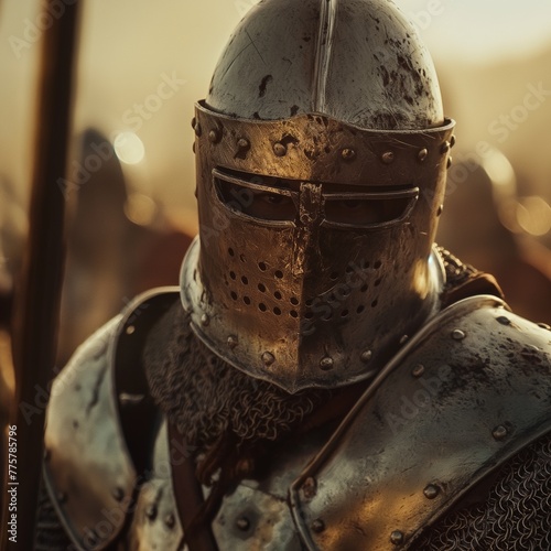 Close-up of a medieval knight's helmeted face, eyes alight with battle's fire, ideal for historical storytelling photo