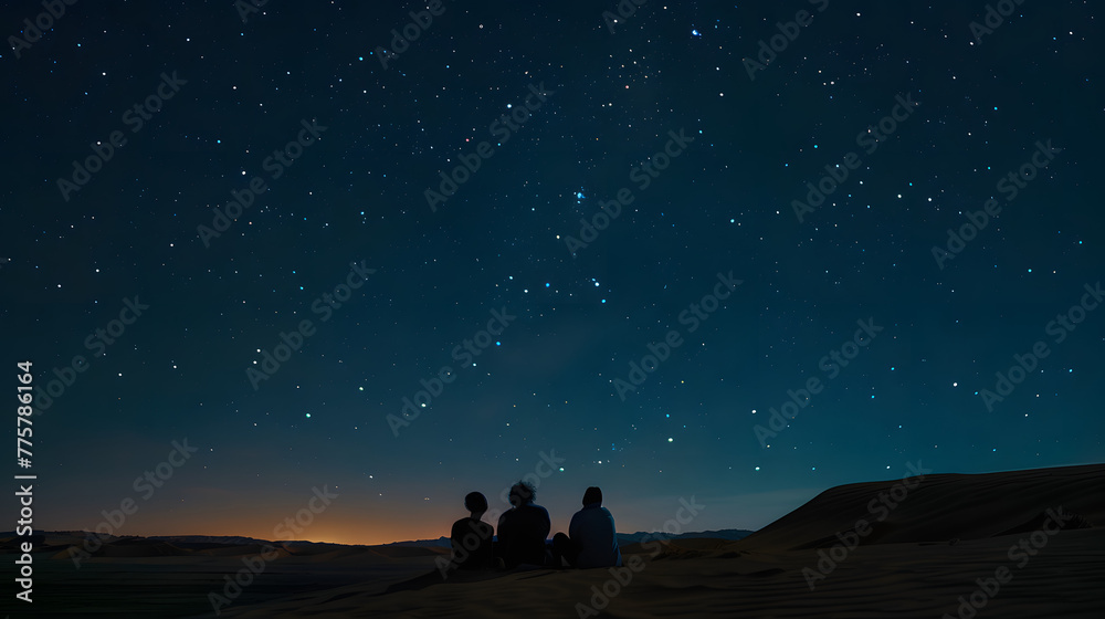 Silhouetted Friends Gazing at a Starry Night Sky Over Desert Dunes