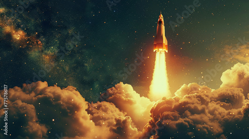Rocket ascending through clouds, destined for another world, against a backdrop of stars,