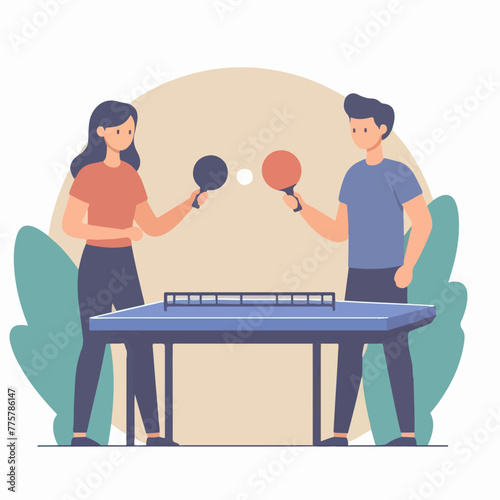 cartoon of young man and woman playing table tennis in flat design style
