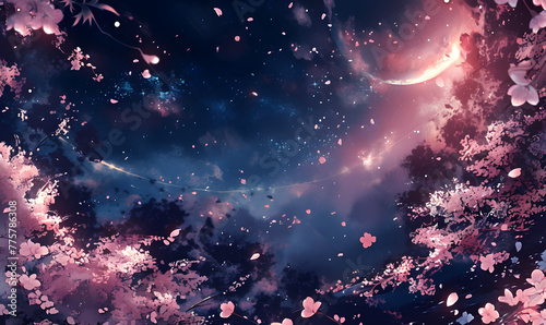 Illustration of a night sky with falling cherry blossoms, Generative AI