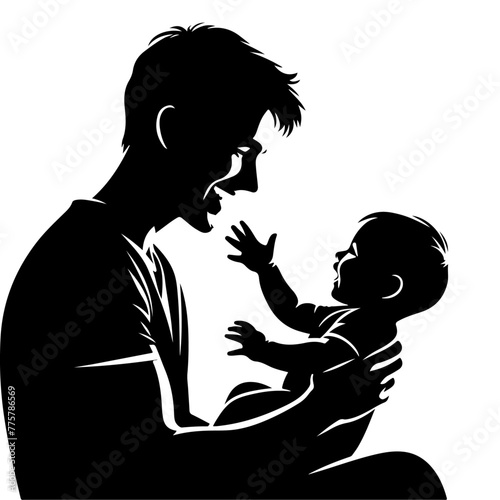 A Happy Smiling Father plays with a small baby, smiles at the child, the babe smiles in response vector black color silhouette 2