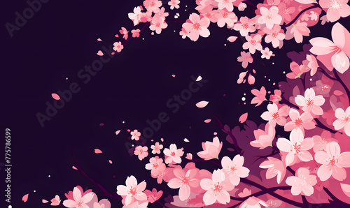 Illustration of a night sky with falling cherry blossoms, Generative AI