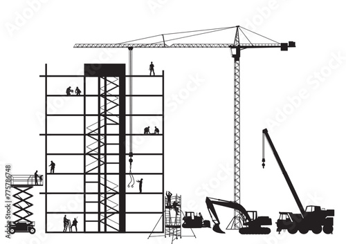 Handwerker auf der Baustelle mit Baumaschinen  illustration