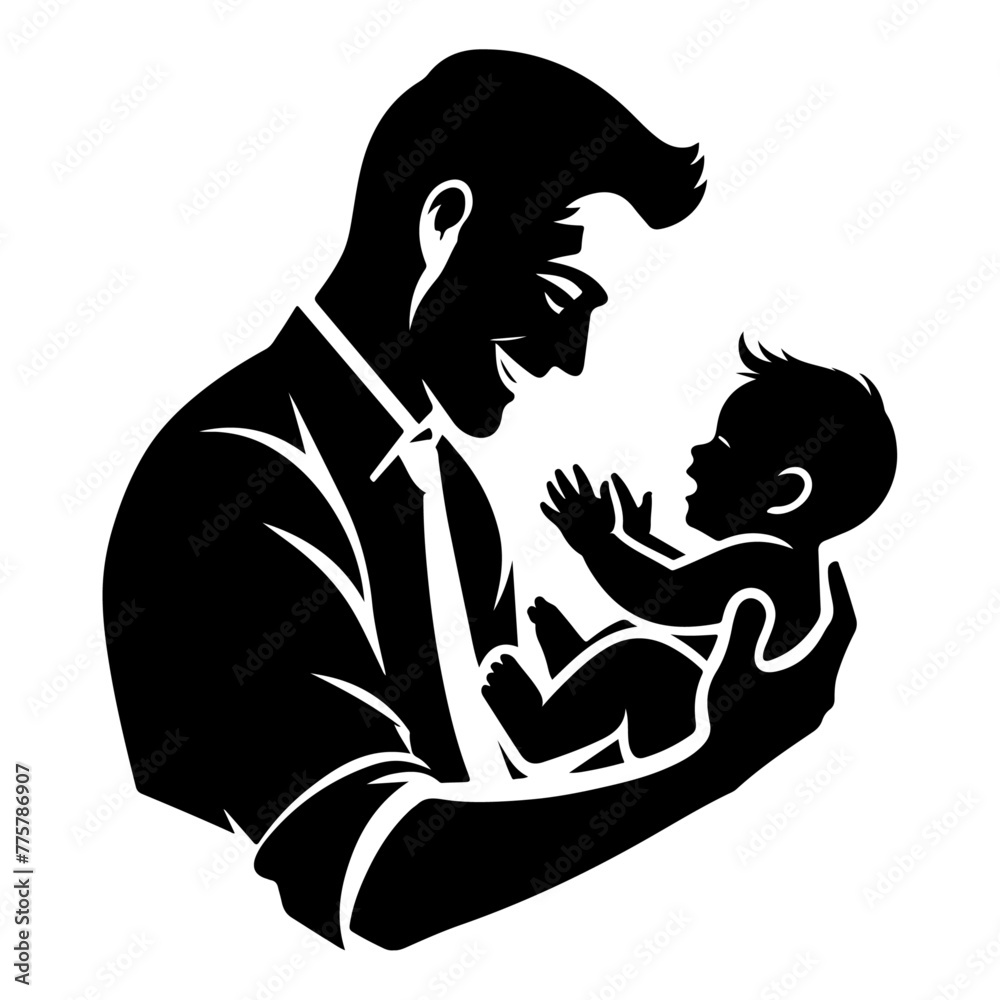A Happy Smiling Father plays with a small baby, smiles at the child, the babe smiles in response vector black color silhouette 21