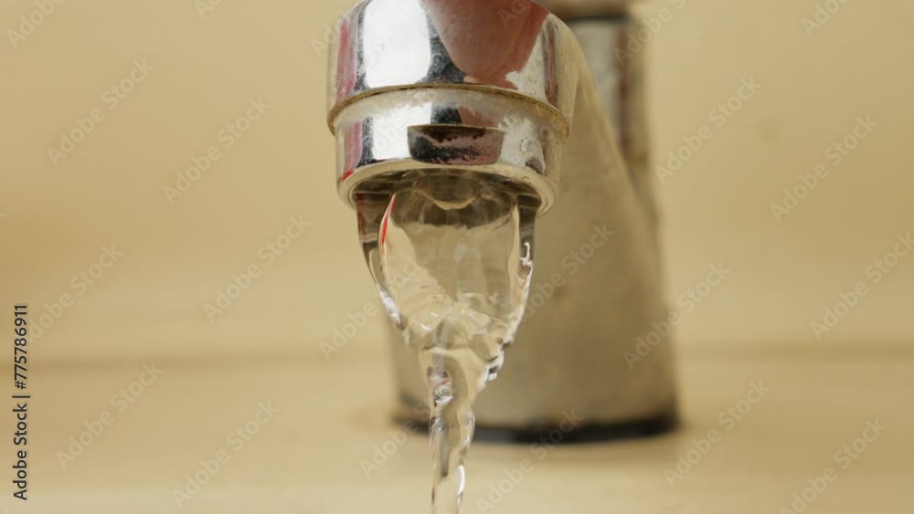 Water Running From Sink Faucet Then Shut, Close Up Water Running From Sink Faucet Then Shut, Close Up