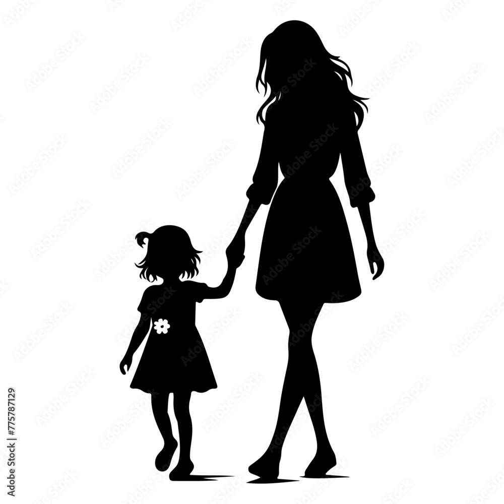 A sweet cute mommy with a small girl, wear casual outfits, walking holding arms isolated vector black color silhouette 9