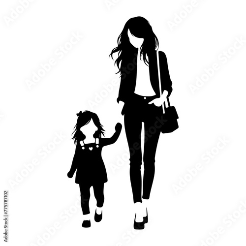A sweet cute mommy with a small girl, wear casual outfits, walking holding arms isolated vector black color silhouette 11