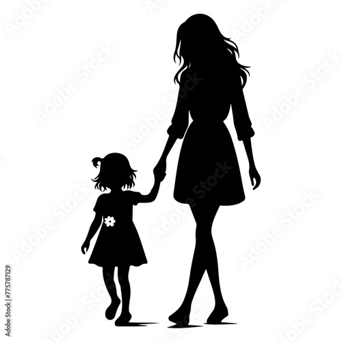 Obraz na płótnie A sweet cute mommy with a small girl, wear casual outfits, walking holding arms isolated vector black color silhouette 9 w salonie