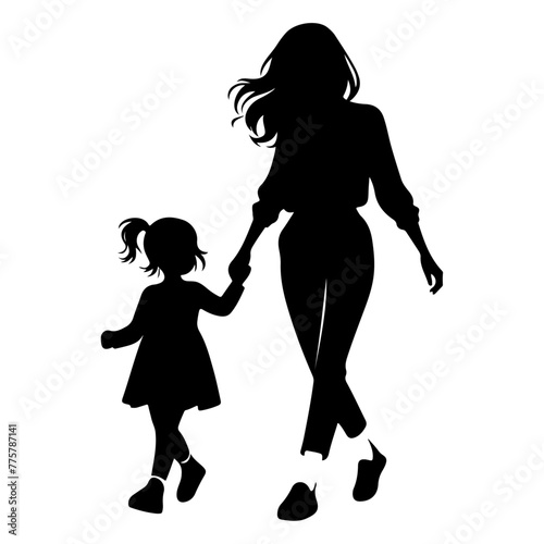 A sweet cute mommy with a small girl, wear casual outfits, walking holding arms isolated vector black color silhouette 12