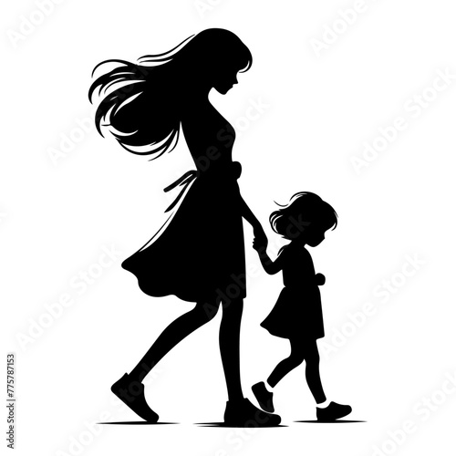 A sweet cute mommy with a small girl, wear casual outfits, walking holding arms isolated vector black color silhouette 7