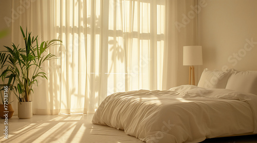 a bedroom in pleasant light colors with a comfortable double bed, green plants in a pot and a large curtained window through which sunlight enters the room