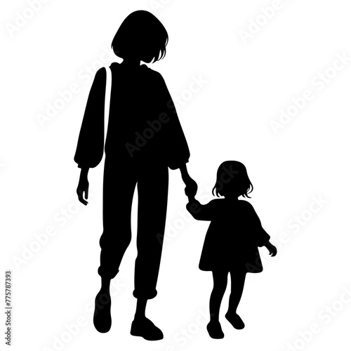 A sweet cute mommy with a small girl, wear casual outfits, walking holding arms isolated vector black color silhouette 29