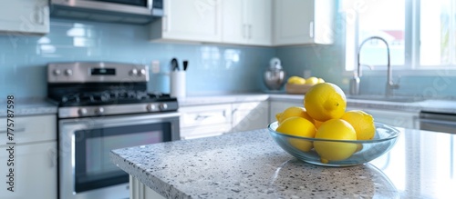 A bowl of lemons on a kitchen counter