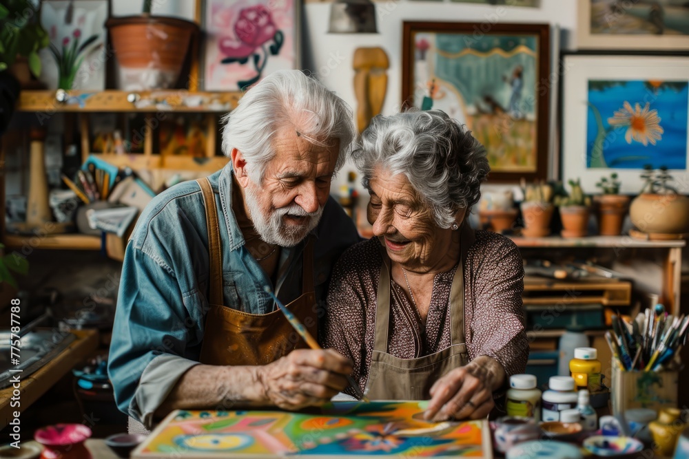 Affectionate Grandparents Painting, Warm Indoor Hobby Scene