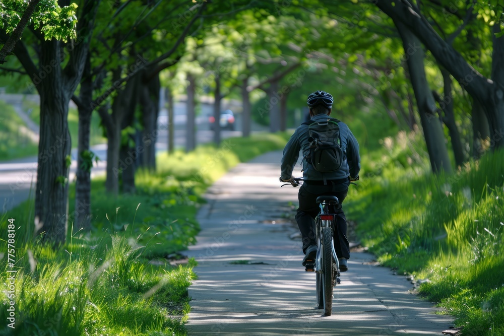 Cyclist on a Tree-Lined Path, Eco-Friendly Commute