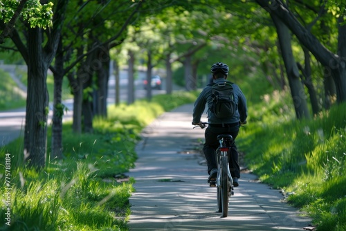 Cyclist on a Tree-Lined Path, Eco-Friendly Commute © Ilia Nesolenyi