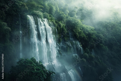 Lush Green Waterfall in Mountain Mist