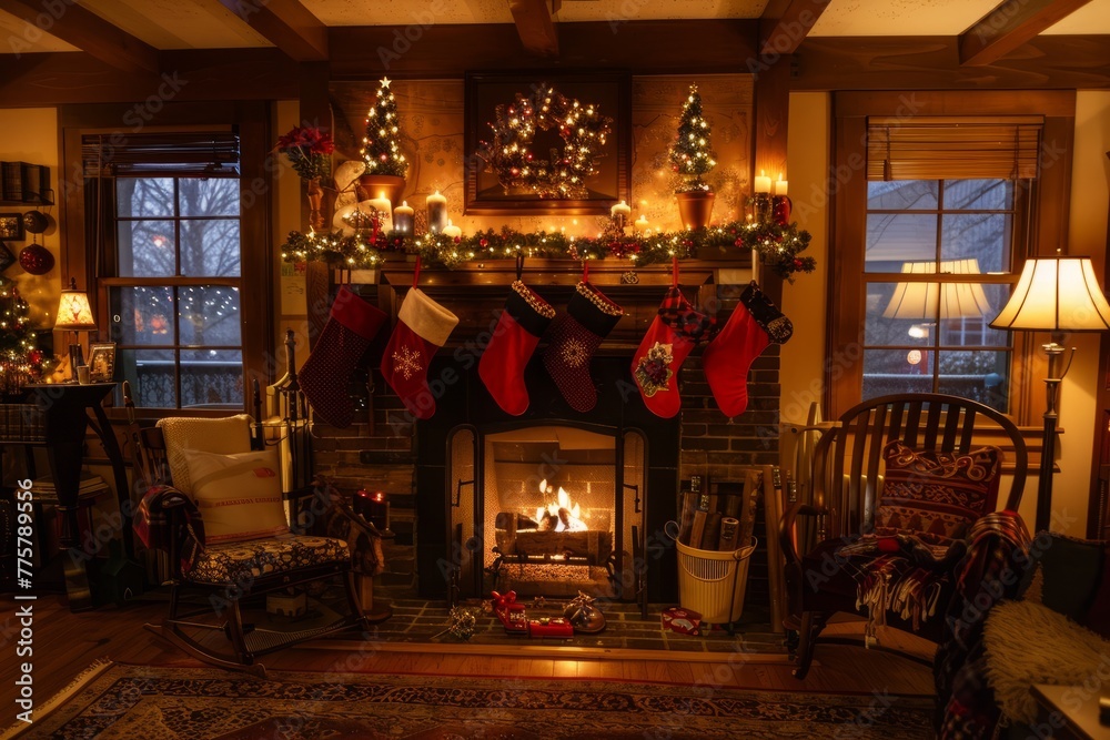 Festive Christmas Fireplace: Stockings and Fire in Cozy Room