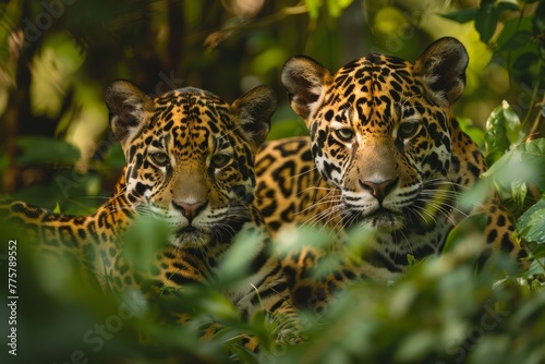 Jungle Jaguars  Twin Felines Lurking in Verdant Undergrowth