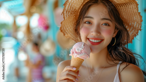 Beautiful smiling young  Chinese   Japanese Asian woman eating an ice cream on a beach with the sea in the background