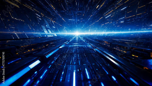 Spaceship streaks through a colorful wormhole in deep space. Blue light background.