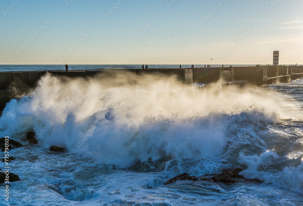 Atlantic Ocean waves in Foz do Douro area of Porto city, Portugal