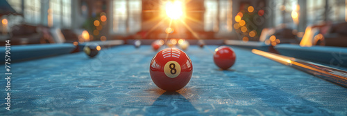 A game of pool with balls and cue on the table,
Colorful billiard balls on table close up
 photo