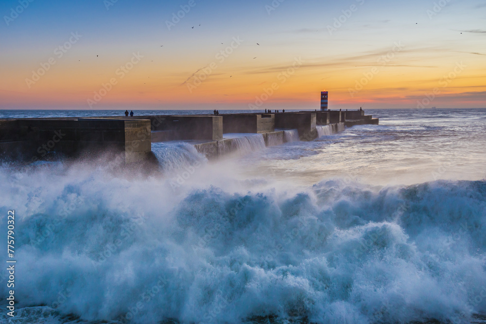Atlantic Ocean waves seen from Foz do Douro area during evening in Porto, Portugal