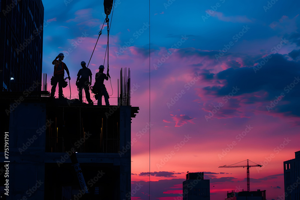 Fototapeta premium Silhouette of a construction worker and team working together on a building site at sunset with a warm sky background.