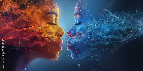 Silueta de dos rostros femeninos, representando los conceptos de tierra y fuego y el otro el aire y agua, elementos terrestres, día internacional del beso, equilibrio entre los elementos, abrazo madre photo