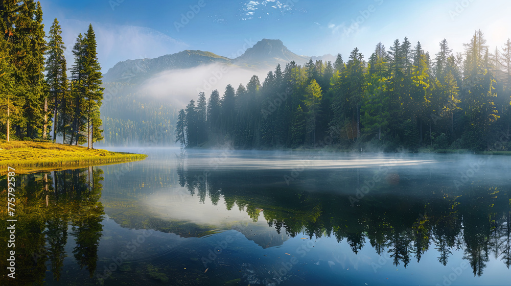 In the morning, dense fog obscures both the coniferous trees and the river In the morning, dense fog obscures both the coniferous trees and the river