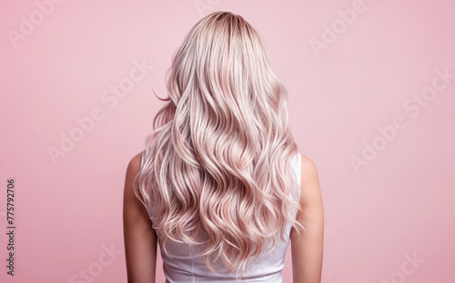 Young woman with dyed blonde pink curly hair isolated on pink background, back view. Perfect long wavy colorful unusual hair. Trendy hairstyle design.