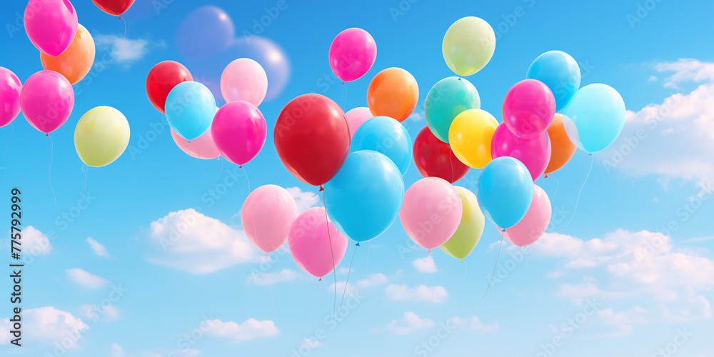 A cluster of vibrant balloons floating against a clear blue sky, creating a festive summer atmosphere..