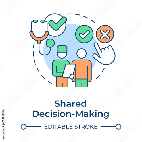 Shared decision-making multi color concept icon. Doctor patient relationship. Bioethics. Treatment consent. Round shape line illustration. Abstract idea. Graphic design. Easy to use in presentation