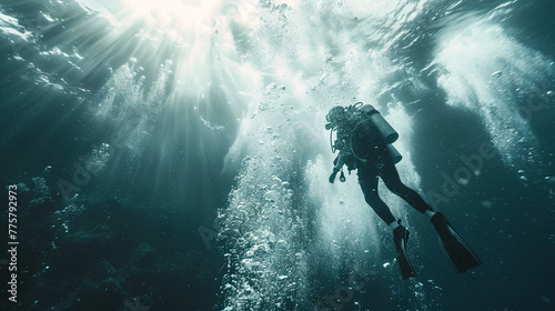 An experienced diver equipped with scuba gear ventures into the depths of the ocean to explore the underwater world 